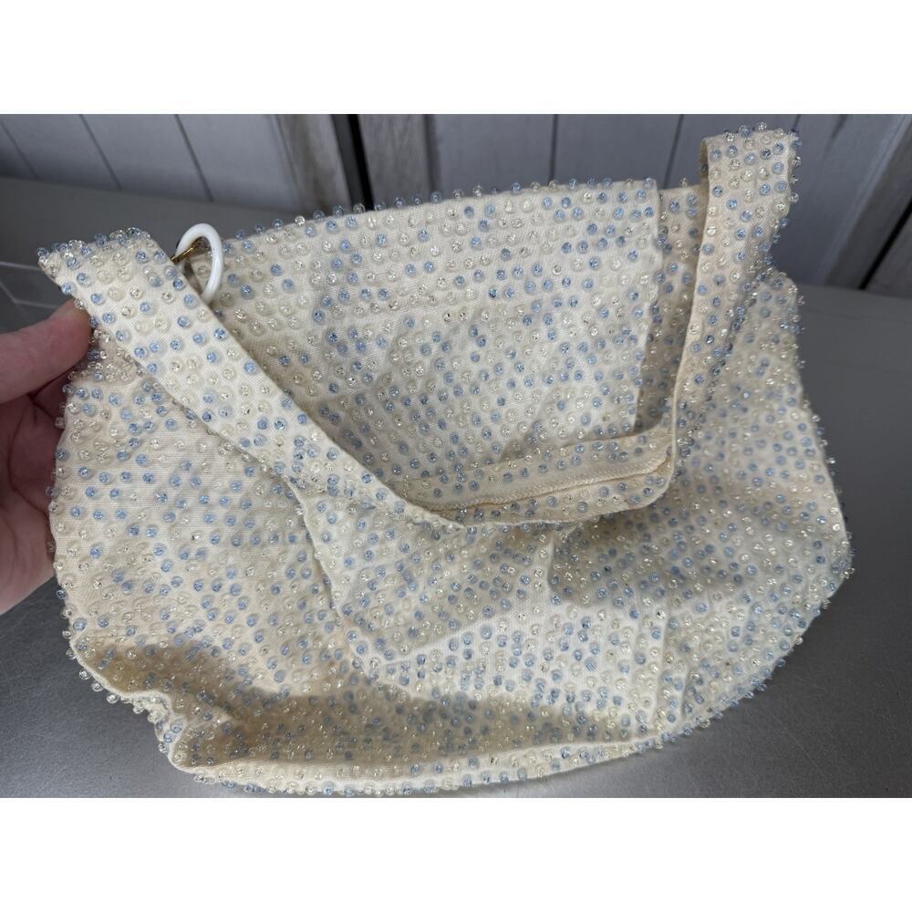Vintage Beaded Lumured Cream Blue Beaded Clutch Shoulder Evening Bag MCM 50s 60s